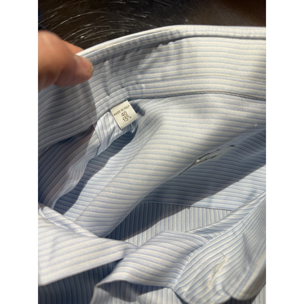 Brioni Men's Dress Shirt Blue/White Striped Silk Cotton Long Sleeve Button Up - Picture 6 of 16
